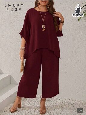 Emery Rose Curve Wide-Leg Jumpsuit in Burgundy